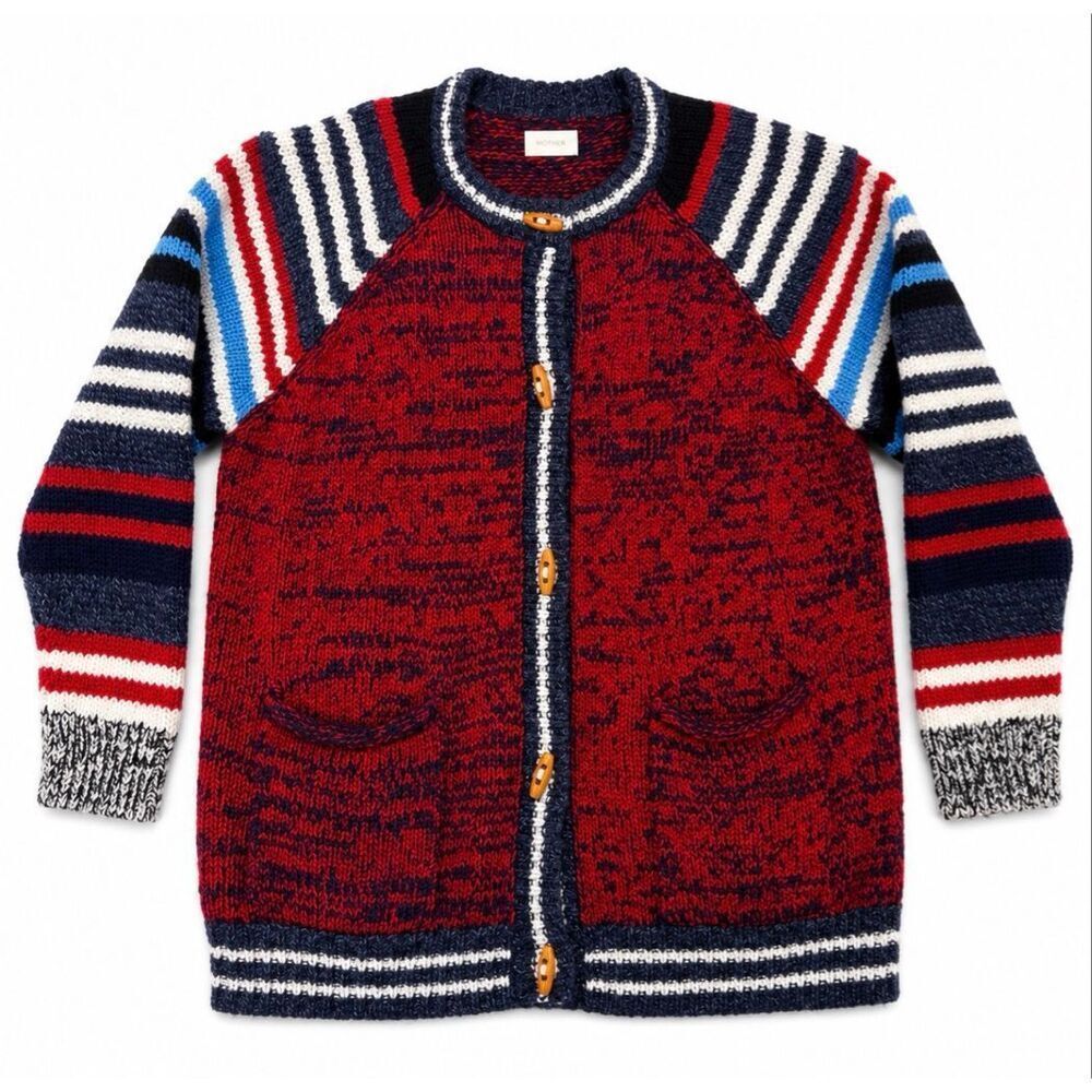 MOTHER Graphic Back Chunky Knit Cardigan Red Navy Striped Oversized Sweater